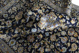 Full view of 2000s Kashan rug from Iran / Persia, 410 × 298 cm in Blue tones