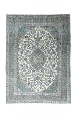 Full view of 2000s Kashan rug from Iran / Persia, 395 × 293 cm in Beige tones