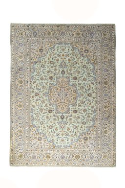 Full view of 2000s Kashan rug from Iran / Persia, 395 × 296 cm in Green tones