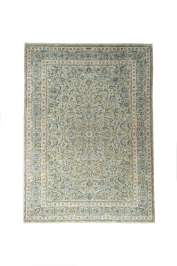 Full view of 2000s Kashan rug from Iran / Persia, 405 × 296 cm in Green tones