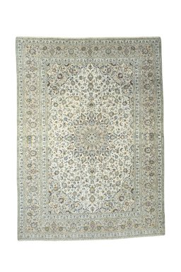 Full view of 2000s Kashan rug from Iran / Persia, 402 × 296 cm in Beige tones