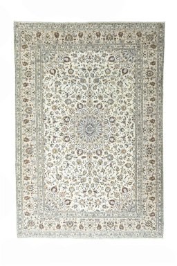 Full view of 2000s Kashan rug from Iran / Persia, 357 × 247 cm in Beige tones