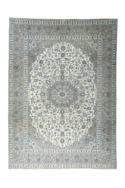 Full view of 2000s Kashan rug from Iran / Persia, 409 × 298 cm in Beige tones