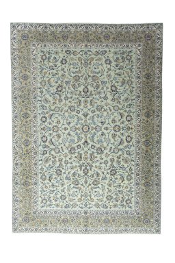 Full view of 2000s Kashan rug from Iran / Persia, 377 × 270 cm in Green tones