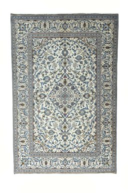 Full view of 2000s Kashan rug from Iran / Persia, 296 × 195 cm in Beige tones