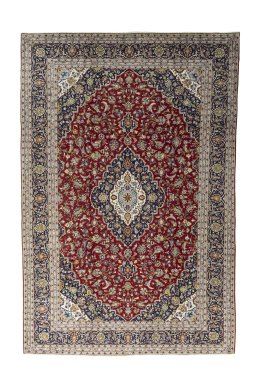 Full view of New Kashan rug from Iran / Persia, 365 × 245 cm in Red tones