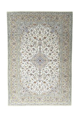 Full view of 2000s Kashan rug from Iran / Persia, 348 × 240 cm in Beige tones