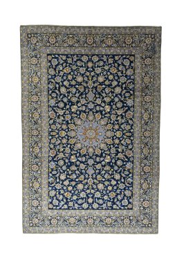Full view of 2000s Kashan rug from Iran / Persia, 418 × 280 cm in Blue tones