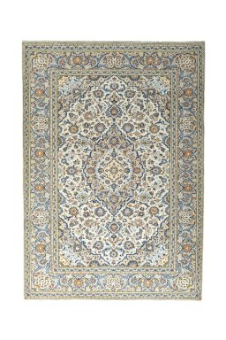 Full view of 2000s Kashan rug from Iran / Persia, 341 × 241 cm in Beige tones