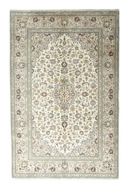Full view of 2000s Kashan rug from Iran / Persia, 302 × 198 cm in Beige tones