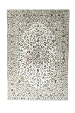 Full view of 2000s Kashan rug from Iran / Persia, 351 × 241 cm in Beige tones