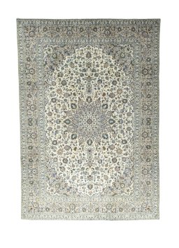 Full view of 2000s Kashan rug from Iran / Persia, 410 × 285 cm in Beige tones