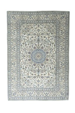 Full view of New Kashan rug from Iran / Persia, 351 × 246 cm in Beige tones