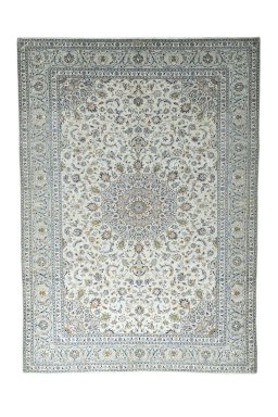 Full view of 2000s Kashan rug from Iran / Persia, 405 × 288 cm in Beige tones
