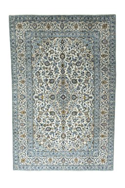 Full view of 2000s Kashan rug from Iran / Persia, 359 × 242 cm in Beige tones