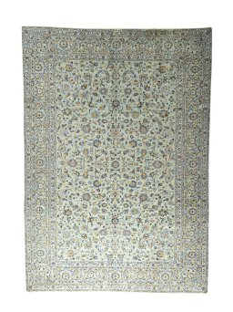Full view of 2000s Kashan rug from Iran / Persia, 387 × 275 cm in Green tones