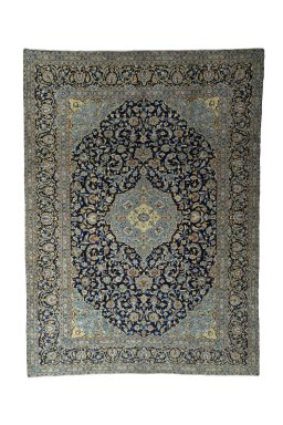 Full view of 2000s Kashan rug from Iran / Persia, 407 × 298 cm in Blue tones