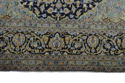 Full view of 2000s Kashan rug from Iran / Persia, 407 × 298 cm in Blue tones