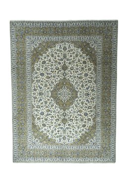 Full view of 2000s Kashan rug from Iran / Persia, 395 × 295 cm in Beige tones