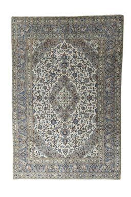 Full view of 2000s Kashan rug from Iran / Persia, 357 × 243 cm in Beige tones