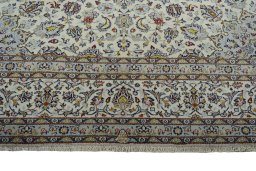 Full view of 2000s Kashan rug from Iran / Persia, 382 × 296 cm in Beige tones