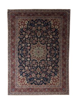 Full view of 1930s Kashan rug from Iran / Persia, 440 × 316 cm in Blue tones