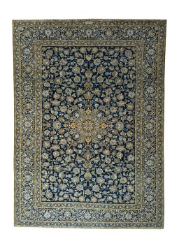 Full view of 2000s Kashan rug from Iran / Persia, 385 × 277 cm in Blue tones
