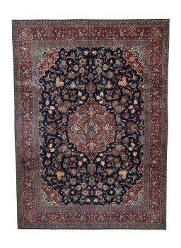 Full view of 1930s Kashan rug from Iran / Persia, 433 × 320 cm in Blue tones