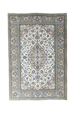 Full view of 2000s Kashan rug from Iran / Persia, 294 × 198 cm in Beige tones