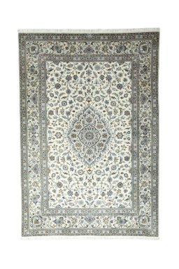 Full view of New Kashan rug from Iran / Persia, 296 × 205 cm in Beige tones