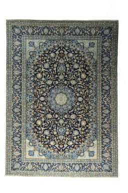 Full view of 2000s Kashan rug from Iran / Persia, 403 × 289 cm in Blue tones