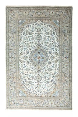 Full view of 2000s Kashan rug from Iran / Persia, 300 × 196 cm in Beige tones