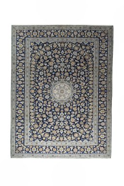 Full view of 2000s Kashan rug from Iran / Persia, 410 × 310 cm in Blue tones