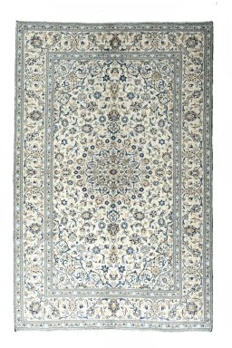 Full view of 2000s Kashan rug from Iran / Persia, 305 × 194 cm in Beige tones
