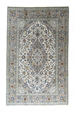 Full view of 2000s Kashan rug from Iran / Persia, 385 × 245 cm in Beige tones