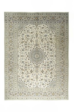 Full view of 2000s Kashan rug from Iran / Persia, 390 × 290 cm in Beige tones