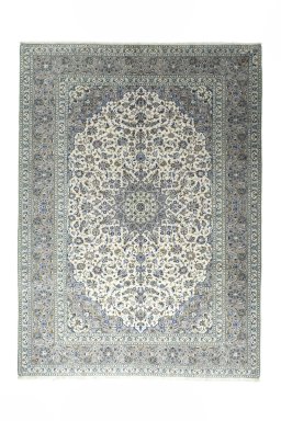 Full view of 2000s Kashan rug from Iran / Persia, 385 × 283 cm in Beige tones