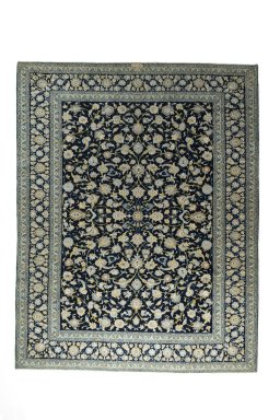 Full view of 2000s Kashan rug from Iran / Persia, 395 × 310 cm in Blue tones