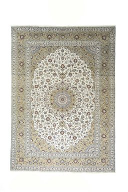Full view of 2000s Kashan rug from Iran / Persia, 405 × 291 cm in Beige tones