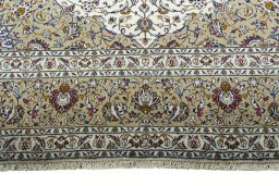 Full view of 2000s Kashan rug from Iran / Persia, 405 × 291 cm in Beige tones