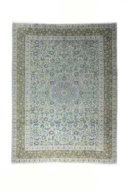 Full view of 2000s Kashan rug from Iran / Persia, 392 × 300 cm in Green tones