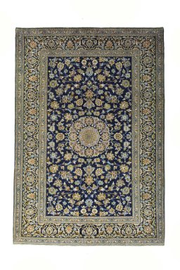 Full view of 2000s Kashan rug from Iran / Persia, 335 × 230 cm in Blue tones