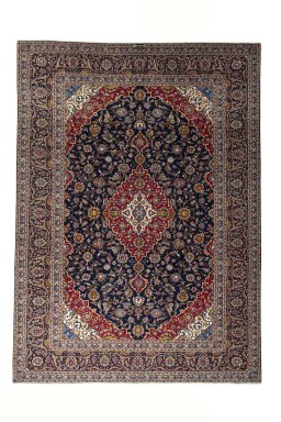 Full view of 2000s Kashan rug from Iran / Persia, 413 × 300 cm in Blue tones