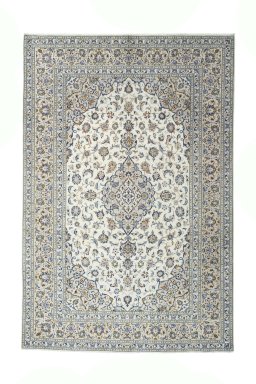Full view of 2000s Kashan rug from Iran / Persia, 367 × 245 cm in Beige tones