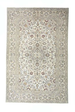 Full view of 2000s Kashan rug from Iran / Persia, 293 × 192 cm in Beige tones