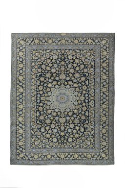 Full view of 2000s Kashan rug from Iran / Persia, 390 × 312 cm in Blue tones