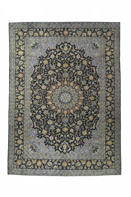 Full view of 2000s Kashan rug from Iran / Persia, 418 × 305 cm in Blue tones