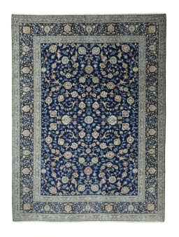 Full view of 2000s Kashan rug from Iran / Persia, 440 × 330 cm in Blue tones