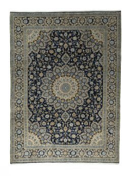 Full view of 2000s Kashan rug from Iran / Persia, 420 × 307 cm in Blue tones