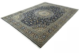Corner detail of 2000s Kashan rug showing border pattern and Wool pile